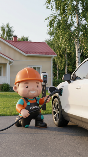 Sunboxi-hahmo lataa sähköautoa