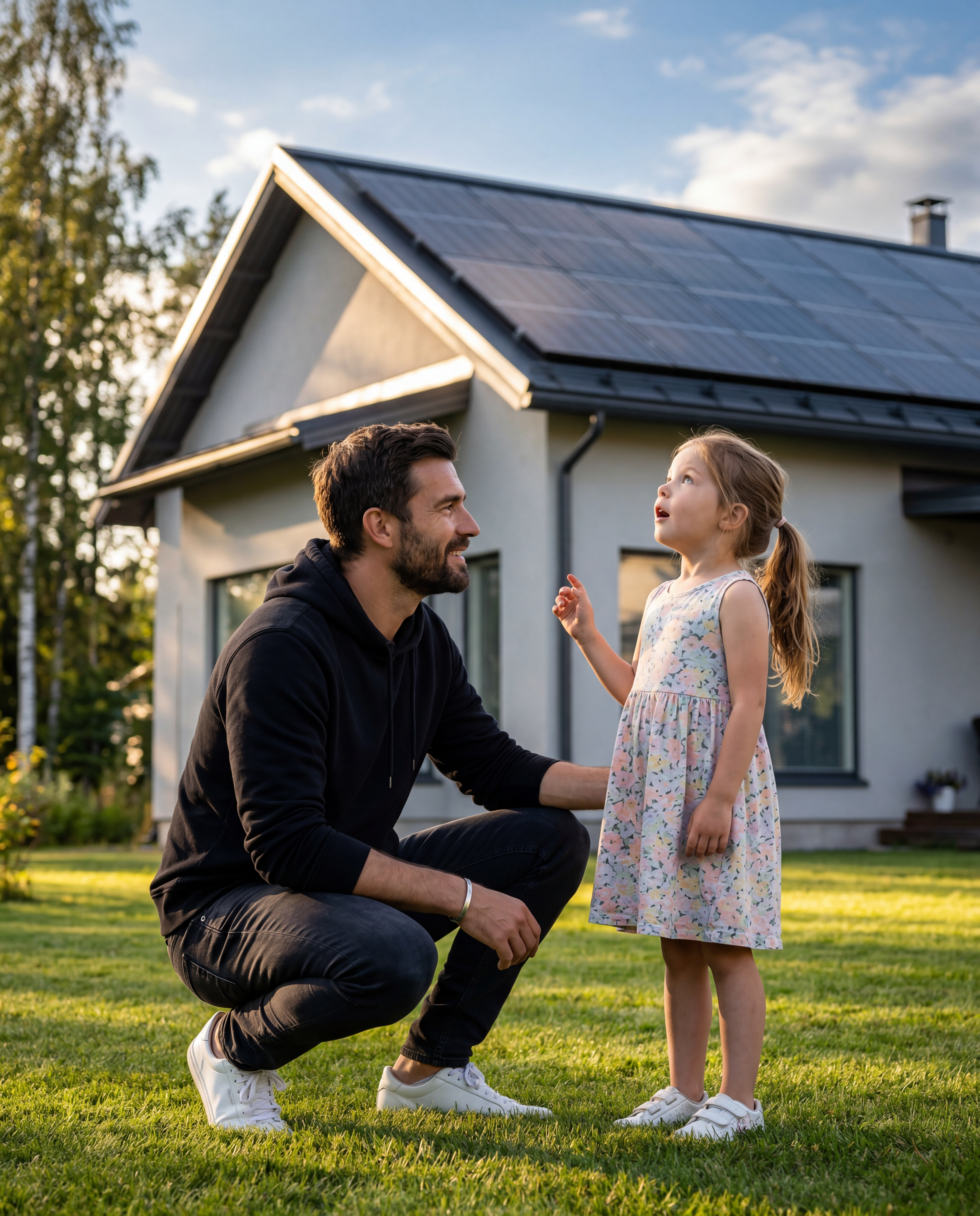 Perhe kotona aurinkoenergian kanssa